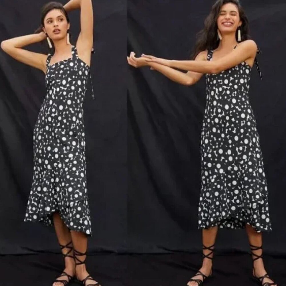 Anthopologie Hutch Flounced Shoulder-Tie Midi Dress Black & White XL